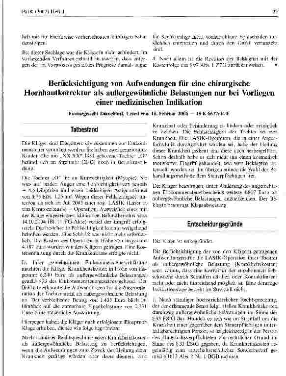 Vorschauseite 1: Berücksichtigung von Aufwendungen für eine chirurgische Hornhautkorrektur als außergewöhnliche Belastungen nur bei Vorliegen einer medizinischen Indikation
