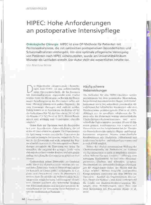 Vorschauseite 1: HIPEC: Hohe Anforderungen an postoperative Intensivpflege
