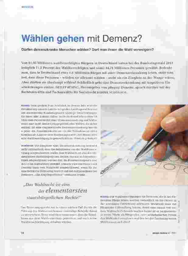 Vorschauseite 1: Wählen gehen mit Demenz? Dürfen demenzkranke Menschen wählen? Darf man ihnen die Wahl verweigern?