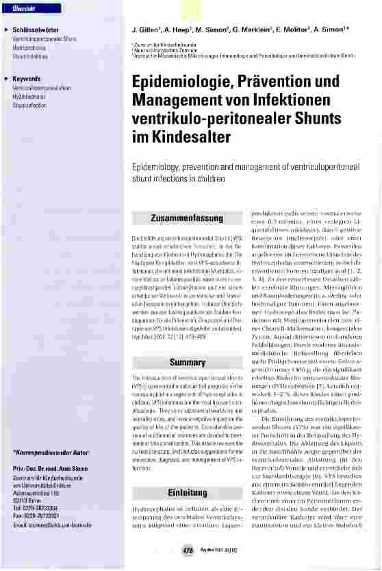 Vorschauseite 1: Epidemiologie, Prävention und Management von Infektionen ventrikuloperitonealer Shunts im Kindesalter