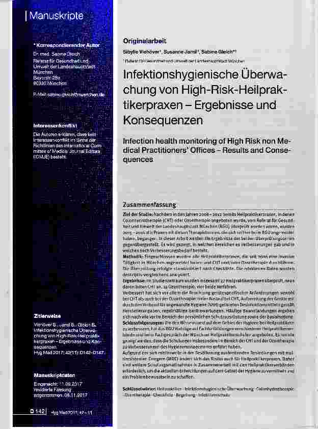 Vorschauseite 1: Infektionshygienische Überwachung von High-Risk-Heilpraktikerpraxen Ergebnisse und Konsequenzen