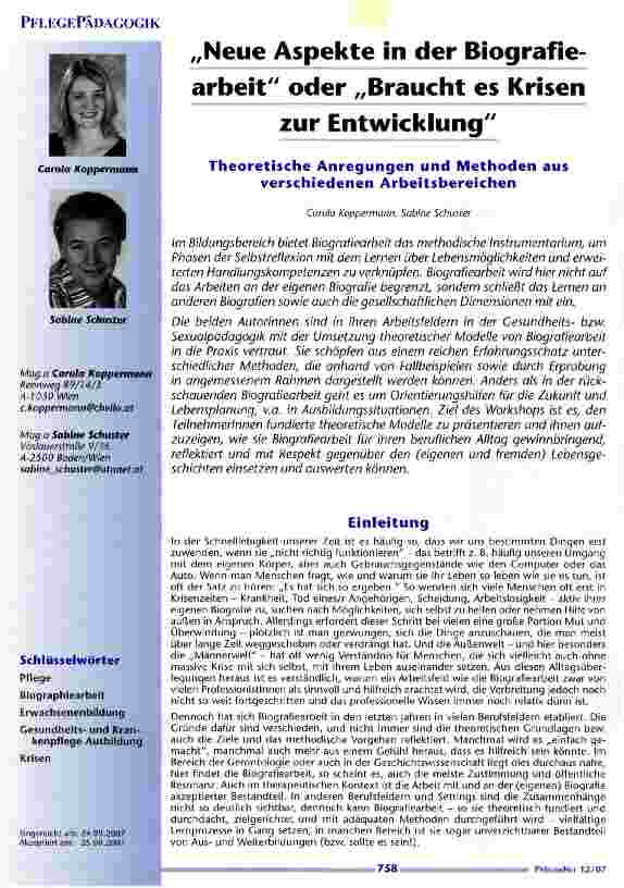 Vorschauseite 1: Neue Aspekte in der Biografiearbeit oder braucht es Krisenzur Entwicklung