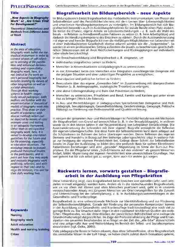 Vorschauseite 2: Neue Aspekte in der Biografiearbeit oder braucht es Krisenzur Entwicklung