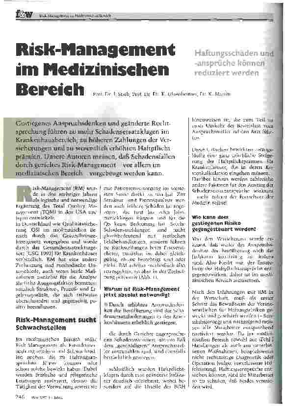 Vorschauseite 1: Risk-Management im Medizinischen Bereich Haftungsschäden und -ansprüche können reduziert werden