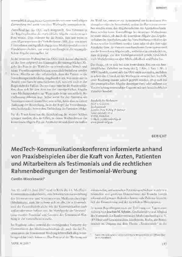 Vorschauseite 1: MedTech-Kommunikationskonferenz informierte anhand von Praxisbeispielen über die Kraft von Ärzten, Patienten und Mitarbeitern als Testimonials und die rechtlichen Rahmenbedingunge…