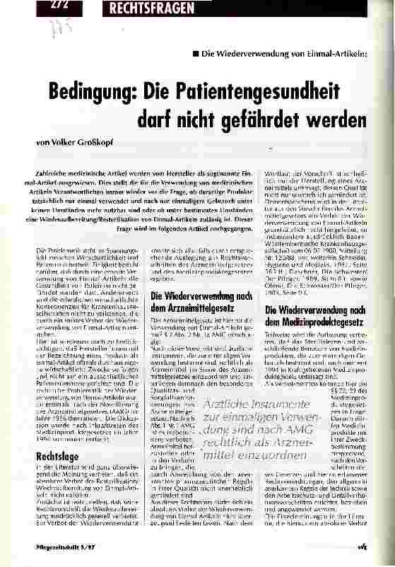 Vorschauseite 1: Bedingung: Die Patientengesundheit darf nicht gefährdet werden Die Wiederverwendung von Einmal-Artikeln