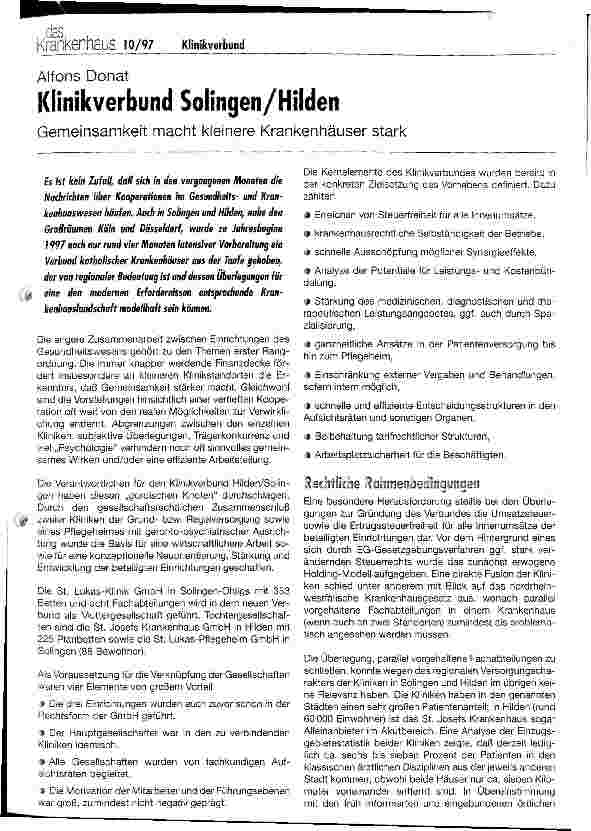 Vorschauseite 1: Klinikverbund Solingen/Hilden Gemeinsamkeit macht kleinere Krankenhäuser stark