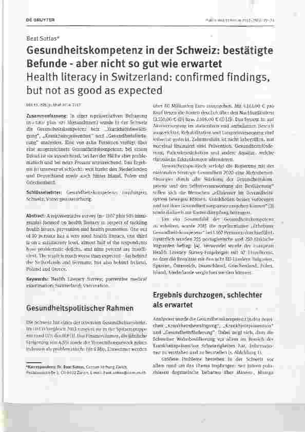 Vorschauseite 1: Gesundheitskompetenz in der Schweiz: bestätigte Befunde aber nicht so gut wie erwartetHealth literacy in Switzerland: confirmed findings, but not as good as expected
