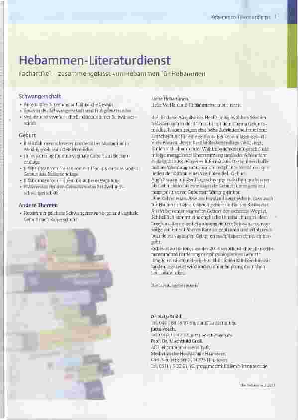 Vorschauseite 1: Hebammen-Literaturdienst Fachartikel - zusammengefasst von Hebammen für Hebammen