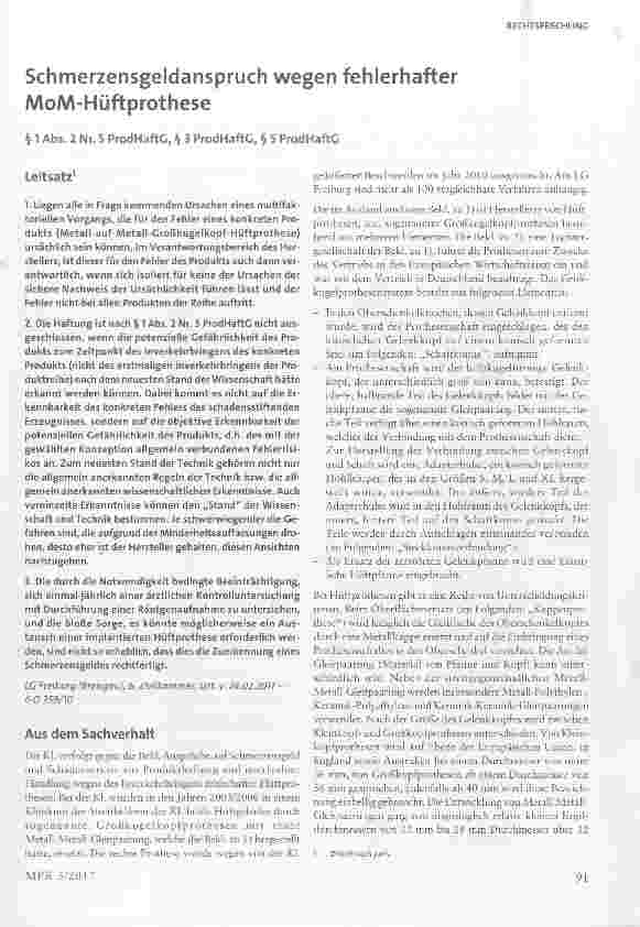 Vorschauseite 1: Schmerzensgeldanspruch wegen fehlerhafter MoM-Hüftprothese