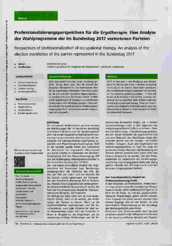 Vorschauseite 1: Professionalisierungsperspektiven für die Ergotherapie. Eine Analyse der Wahlprogramme der im Bundestag 2017 vertretenen Parteien