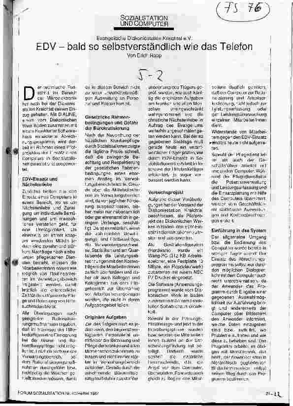 Vorschauseite 1: Sozialstationen und Computer EDV bald so selbstverständlich wie das Telefon