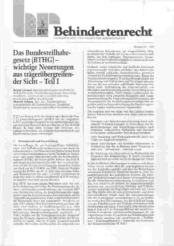 Vorschauseite 1: Das Bundesteilhabegesetz (BTHG) wichtige Neuerungen aus trägerübergreitender Sicht Teil I