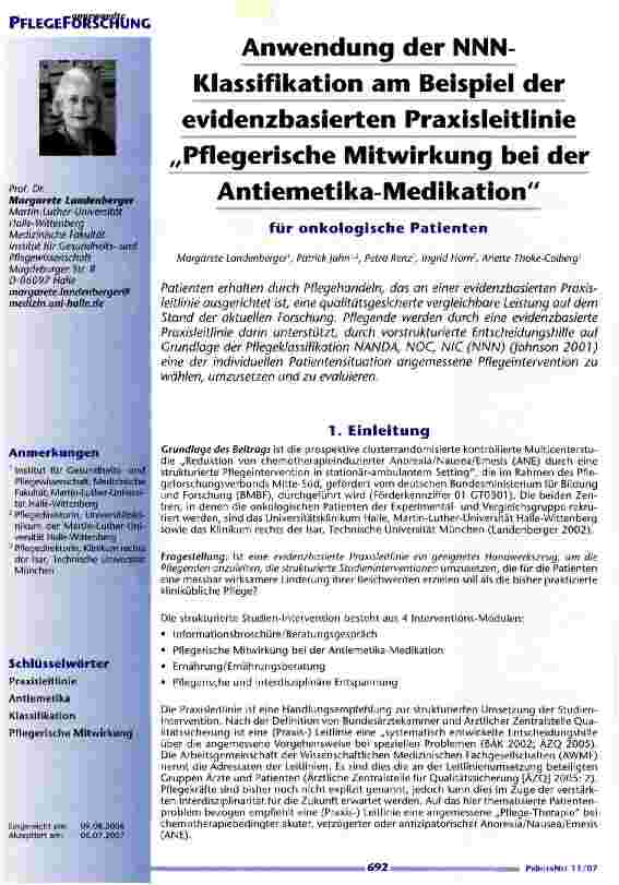 Vorschauseite 1: Anwendung der NNN Klassifikation am Beispiel der evidenzbasierten Praxisleitlinie Pflegerische Mitwirkung bei der Antiemetika-Medikation
