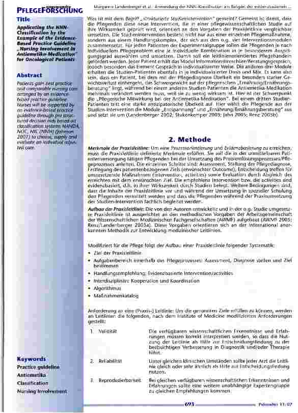 Vorschauseite 2: Anwendung der NNN Klassifikation am Beispiel der evidenzbasierten Praxisleitlinie Pflegerische Mitwirkung bei der Antiemetika-Medikation