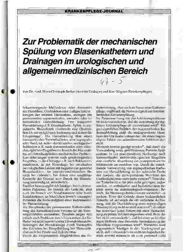 Vorschauseite 1: Zur Probelmatik der mechanischen Spülung von Blasenkathetern und Drainagen im urologischen und allgemeinmedizinischen Bereichen