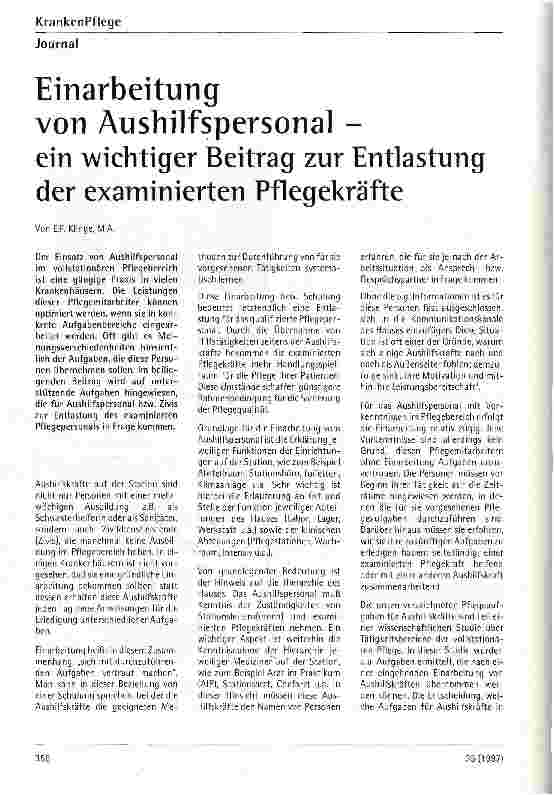 Vorschauseite 1: Einarbeitung von Aushilfspersonal - ein wichtiger Beitrag zur Entlastung der examinierten Pflegekräfte