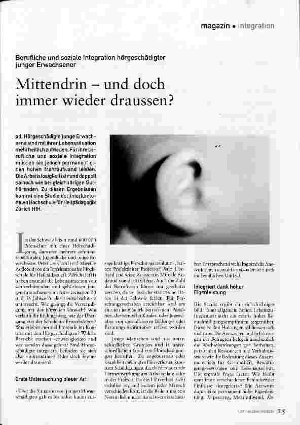 Vorschauseite 1: Berufliche und soziale Integration hörgeschädigter junger Erwachsener - Mittendrin - und doch immer wieder draussen?