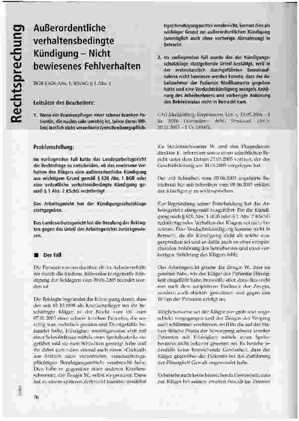 Vorschauseite 1: Außerordentliche verhaltensbedingte Kündigung - Nichtbewiesenes Fehlverhalten