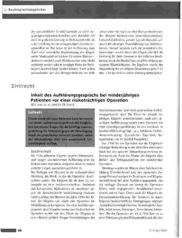 Vorschauseite 1: Zivilrecht: Inhalt des Aufklärungsgesprächs bei minderjährigen Patienten vor einer risikoträchtigen Operation