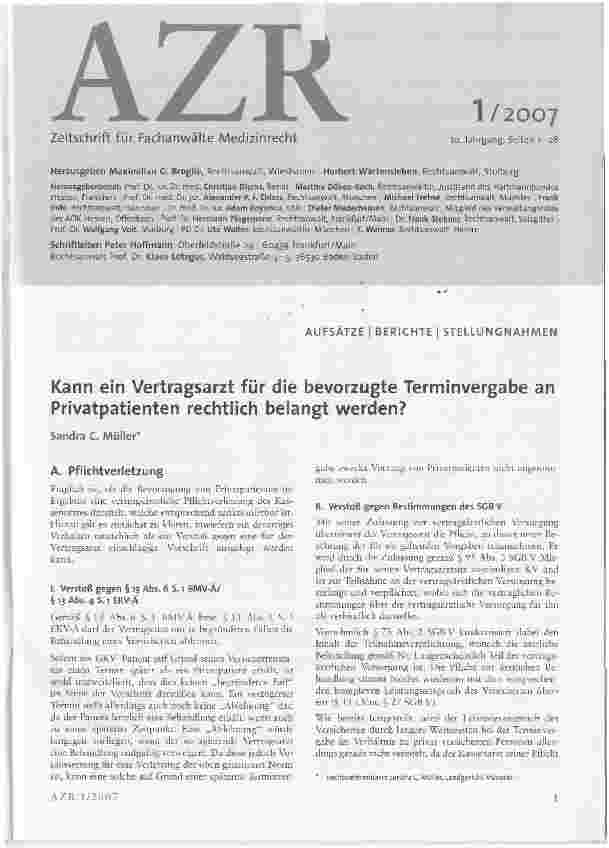 Vorschauseite 1: Kann ein Vertragsarzt für die bevorzugte Terminvergabe an Privatpatienten rechtlich belangt werden?