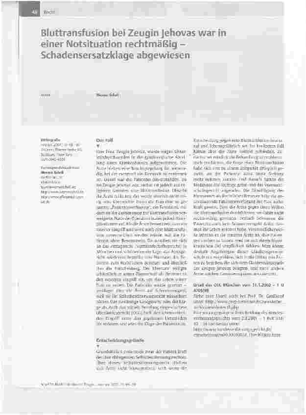 Vorschauseite 1: Bluttransfusion bei Zeugin Jehovas war in einer Notsituation rechtmäßig -Schadensersatzklage abgewiesen