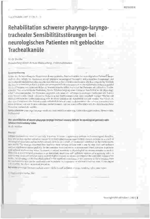 Vorschauseite 1: Rehabilitation schwerer pharyngo-laryngo-trachealer Sensibilitätsstörungen bei neurologischen Patienten mit geblockter Trachea Ikanüle