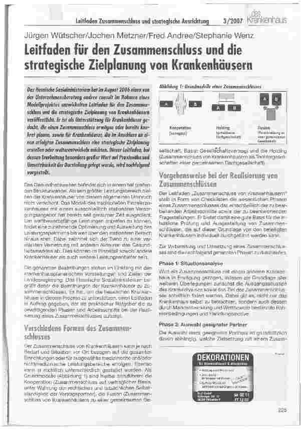 Vorschauseite 1: Leitfaden für den Zusammenschluss und die strategische Zielplanung von Krankenhäusern