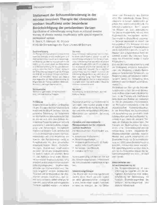 Vorschauseite 1: Stellenwert der Schaumsklerosierung in der minimal invasiven Therapie der chronischen venösen Insuffizienz unter besonderer Berücksichtigung der periulzerösen Varizen