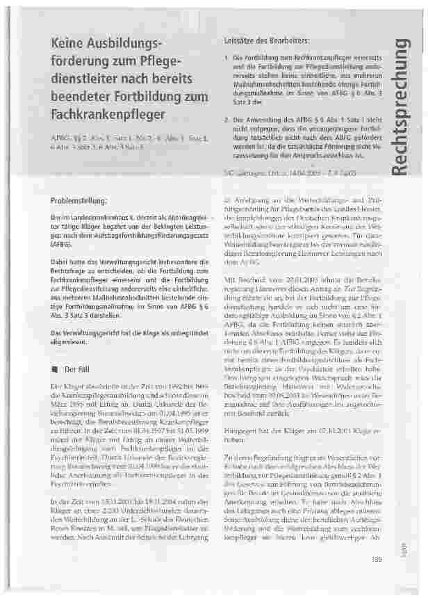 Vorschauseite 1: Keine Ausbildungsförderung zum Pflegedienstleiter nach bereits beendeter Fortbildung zum Fachkrankenpfleger