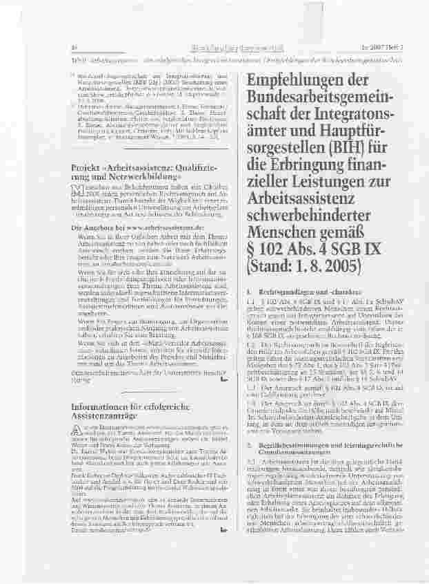 Vorschauseite 1: Empfehlungen der Bundesarbeitsgemeinschaft der Integratonsämter und Hauptfürsorgestellen (BIH) für die Erbringung finanzieller Leistungen zur Arbeitsassistenz schwerbehinderter Me…