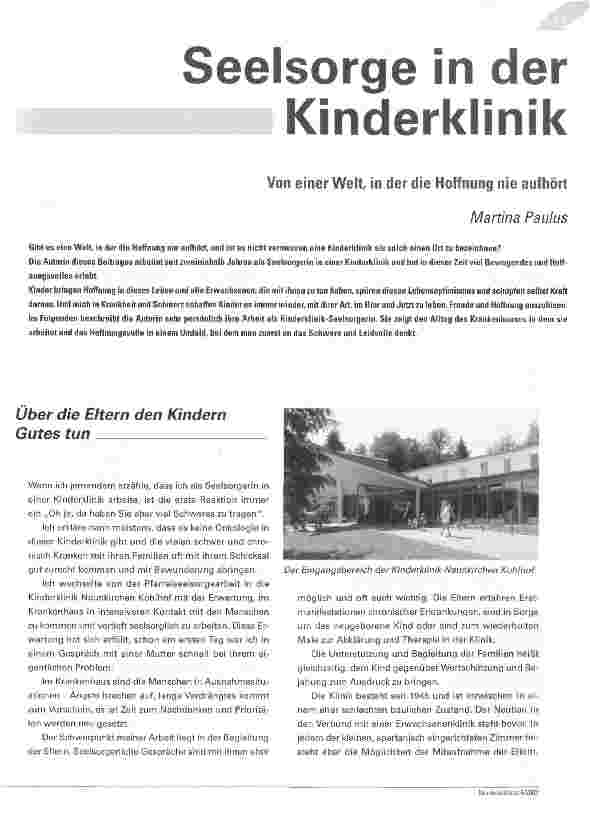 Vorschauseite 1: Seelsorge in der Kinderklinik - Von einer Welt in der die Hoffnung nie aufhört