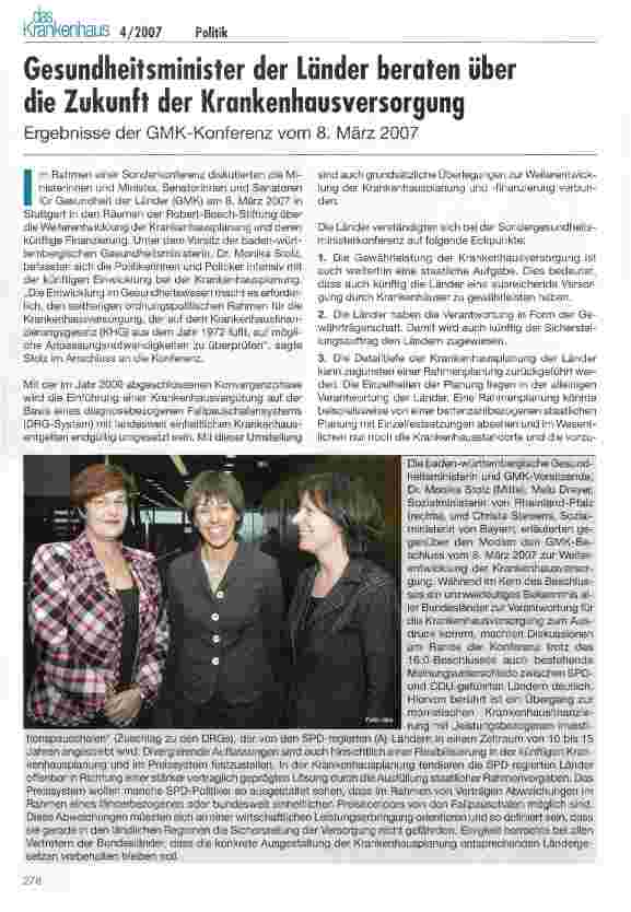 Vorschauseite 1: Gesundheitsminister der Länder beraten über die Zukunft der Krankenhausversorgung - Ergebnisse der GMK-Konferenz vom 8. März 2007