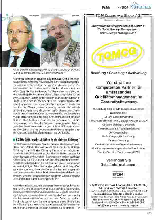 Vorschauseite 4: Gesundheitsminister der Länder beraten über die Zukunft der Krankenhausversorgung - Ergebnisse der GMK-Konferenz vom 8. März 2007