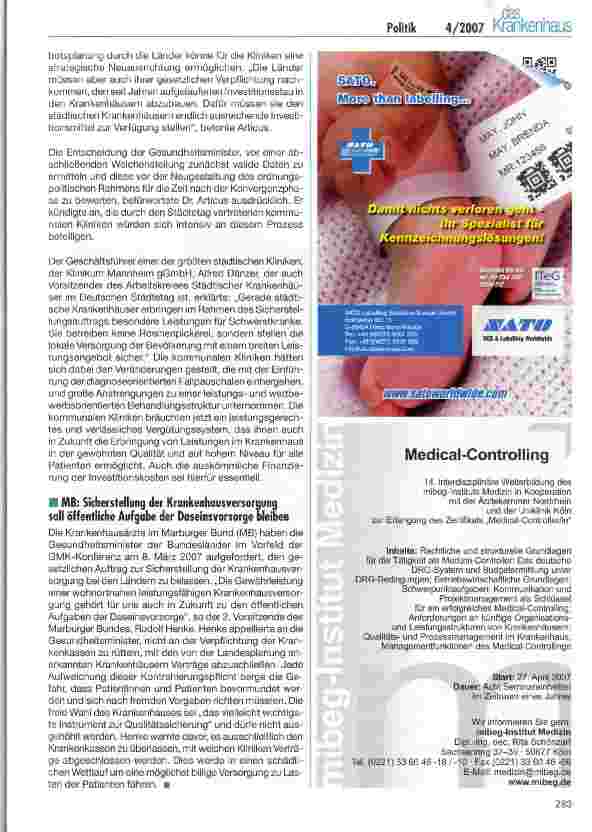 Vorschauseite 6: Gesundheitsminister der Länder beraten über die Zukunft der Krankenhausversorgung - Ergebnisse der GMK-Konferenz vom 8. März 2007