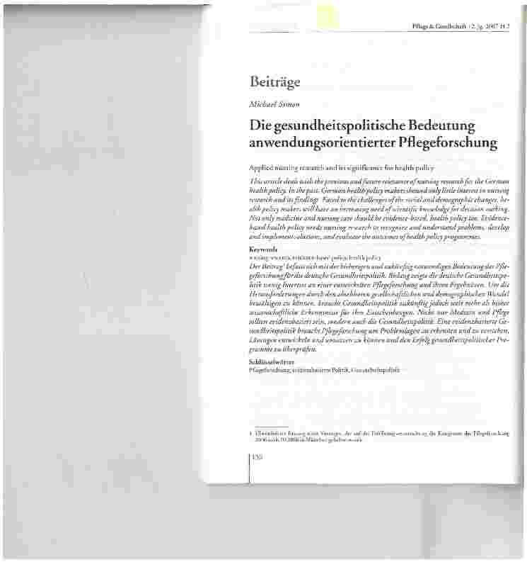 Vorschauseite 1: Die gesundheitspolitische Bedeutung anwendungsorientierter Pflegeforschung