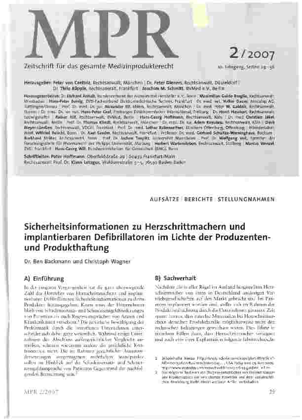 Vorschauseite 1: Sicherheitsinformationen zu Herzschrittmachern und implantierbaren Defibrillatoren im Lichte der Produzenten und Produkthaftung