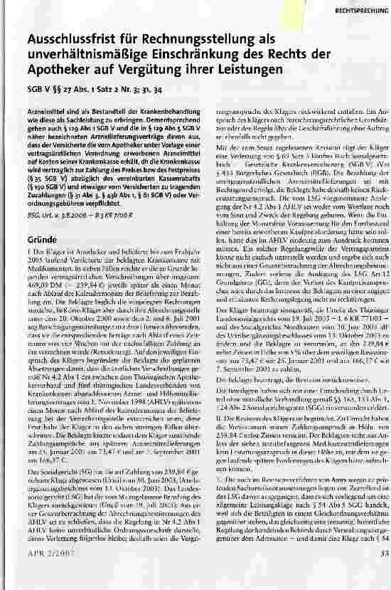 Vorschauseite 1: Ausschlussfrist für Rechnungsstellung als unverhältnismäßige Einschränkung des Rechts der Apotheker auf Vergütung ihrer Leistungen