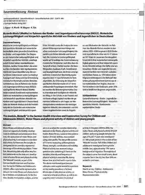 Vorschauseite 3: Motorik-Modul (MoMo) im Rahmen des Kinderund Jugendgesundheitssurveys (KiGGS)