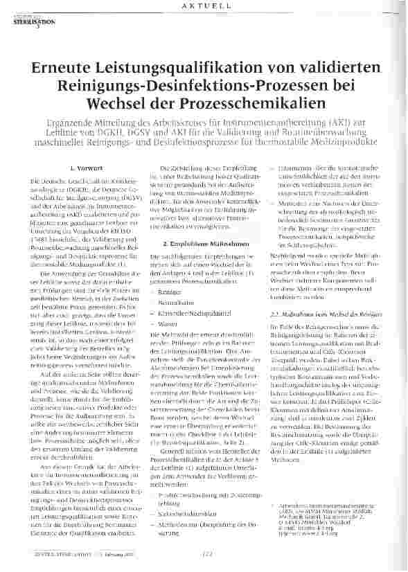Vorschauseite 1: Erneute Leistungsqualifikation von validiertenReinigungs-Desinfektions-ProzessenbeiWechsel der Prozesschemikalien