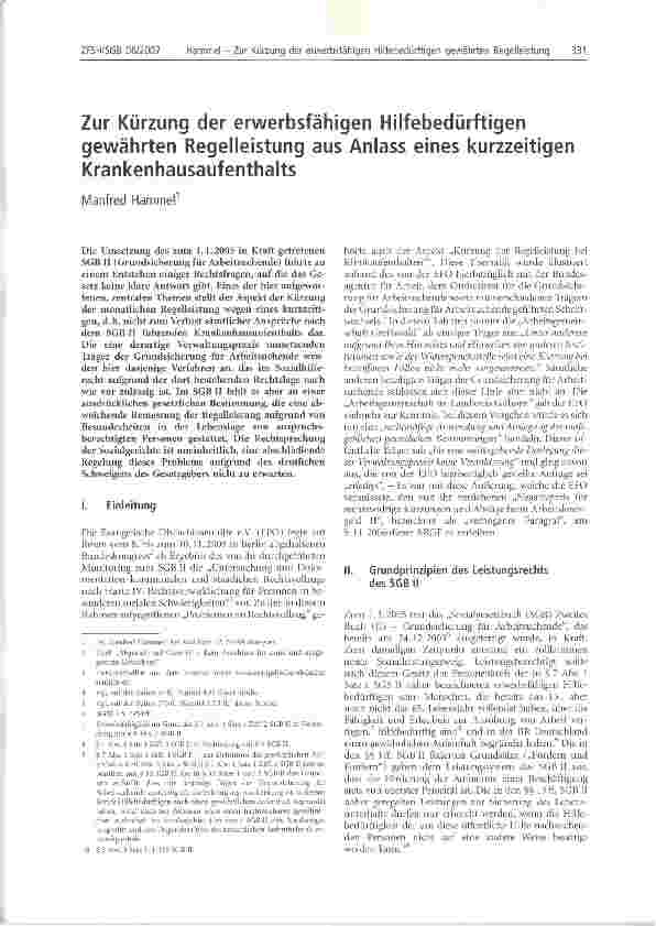 Vorschauseite 1: Zur Kürzung der erwerbsfähigen Hilfebedürftigen gewährten Regelleistung aus Anlass eines kurzzeitigen Krankenhausaufenthalts