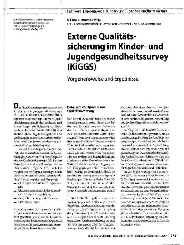 Vorschauseite 1: Externe Qualitätssicherung im Kinderund Jugendgesundheitssurvey (KiGGS)