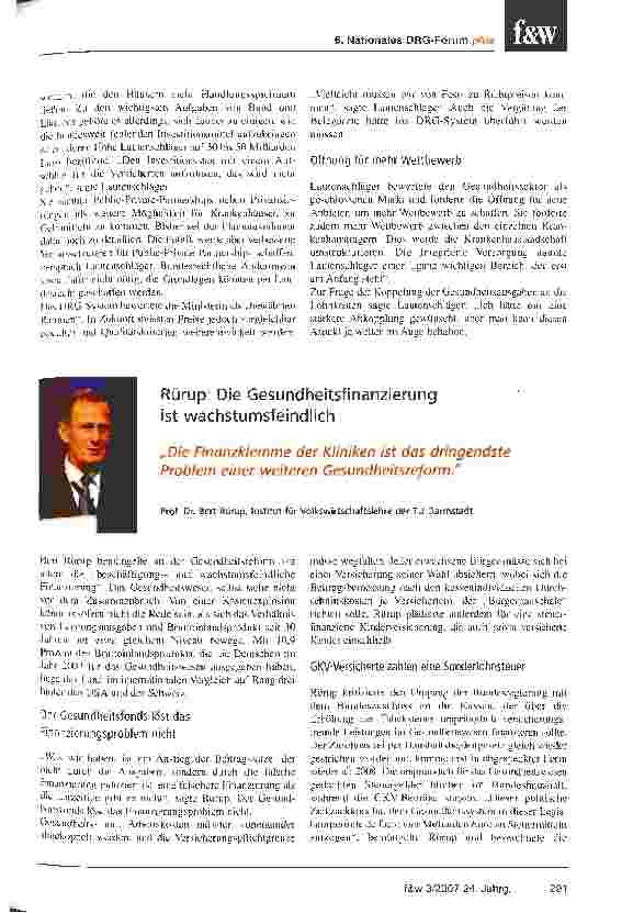 Vorschauseite 2: Das Gesundheitssystem verträgt mehr Wettbewerb und weniger StaatLautenschläger und Rürup sind sich auf dem 6. Nationalen DRG-Forum plus einig