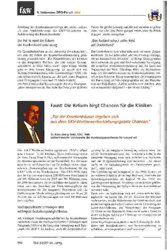 Vorschauseite 3: Das Gesundheitssystem verträgt mehr Wettbewerb und weniger StaatLautenschläger und Rürup sind sich auf dem 6. Nationalen DRG-Forum plus einig