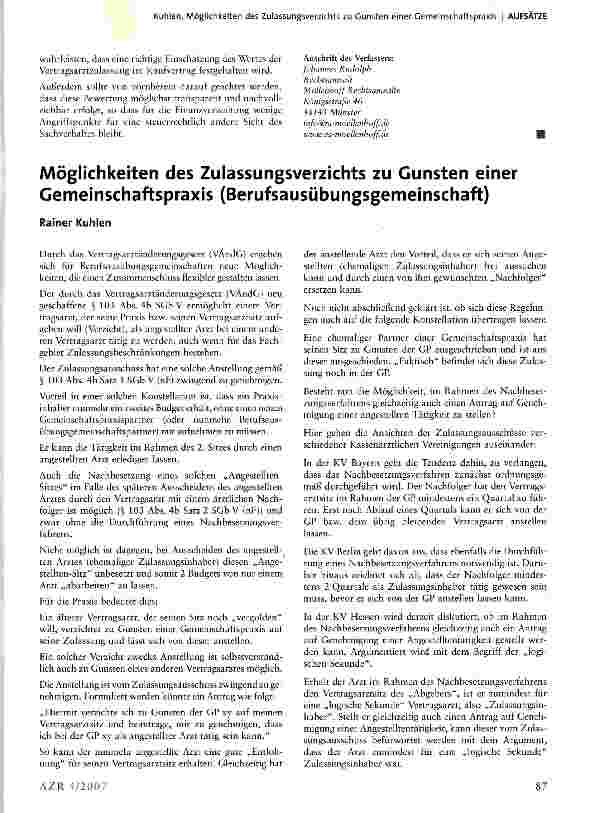 Vorschauseite 1: Möglichkeiten des Zulassungsverzichts zu Gunsten einer Gemeinschaftspraxis (Berufsausübungsgemeinschaft)