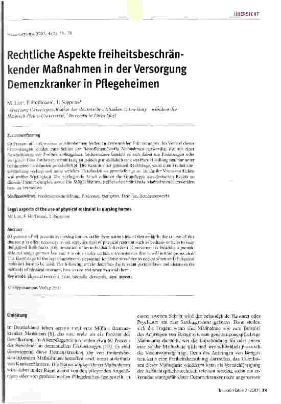 Vorschauseite 1: Rechtliche Aspekte freiheitsbeschränkender Maßnahmen in der Versorgung Demenzkranker in Pflegeheimen