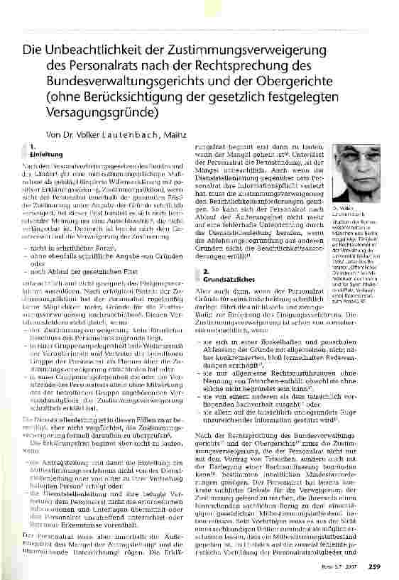 Vorschauseite 1: Die Unbeachtlichkeit der Zustimmungsverweigerung des Personalrats nach der Rechtsprechung des Bundesverwaltungsgerichts und der Obergerichte (ohne Berücksichtigung der gesetzlich…
