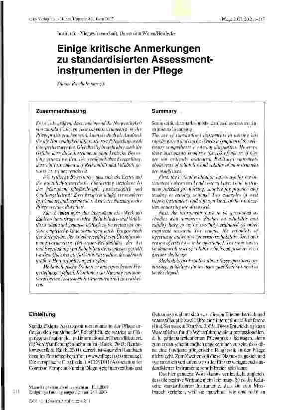 Vorschauseite 1: Einige kritische Anmerkungen zu standardisierten Assessment-instrumenten in der Pflege