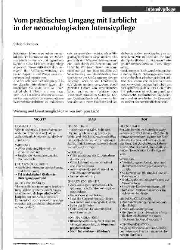 Vorschauseite 1: Vom praktischen Umgang mit Farblicht in der neonatologischen Intensivpflege