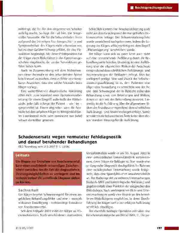 Vorschauseite 1: Schadensersatz wegen vermuteter Fehldiagnostik und darauf beruhender Behandlungen